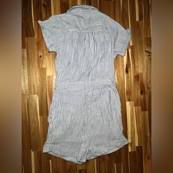 Faherty Izzy Blue Cream Striped Double Gauze Button Front Cotton Romper Sz Small - Picture 3 of 11